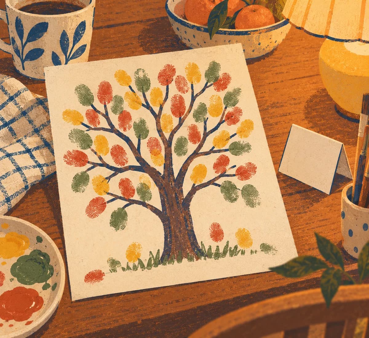 Arbre d'empreintes de doigts : Sur une feuille blanche, un tronc brun porte des branches garnies de petites empreintes colorées. Un message et ton prénom accompagnent cet