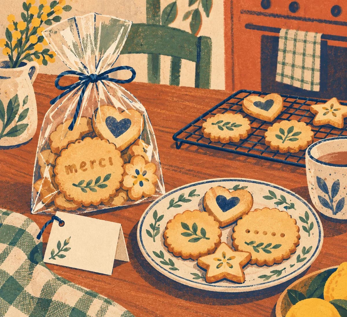 Biscuits messages à offrir : Des sablés rectangulaires légèrement dorés portent des lettres blanches en glaçage. Ils sont réunis dans un sachet alimentaire transparent f