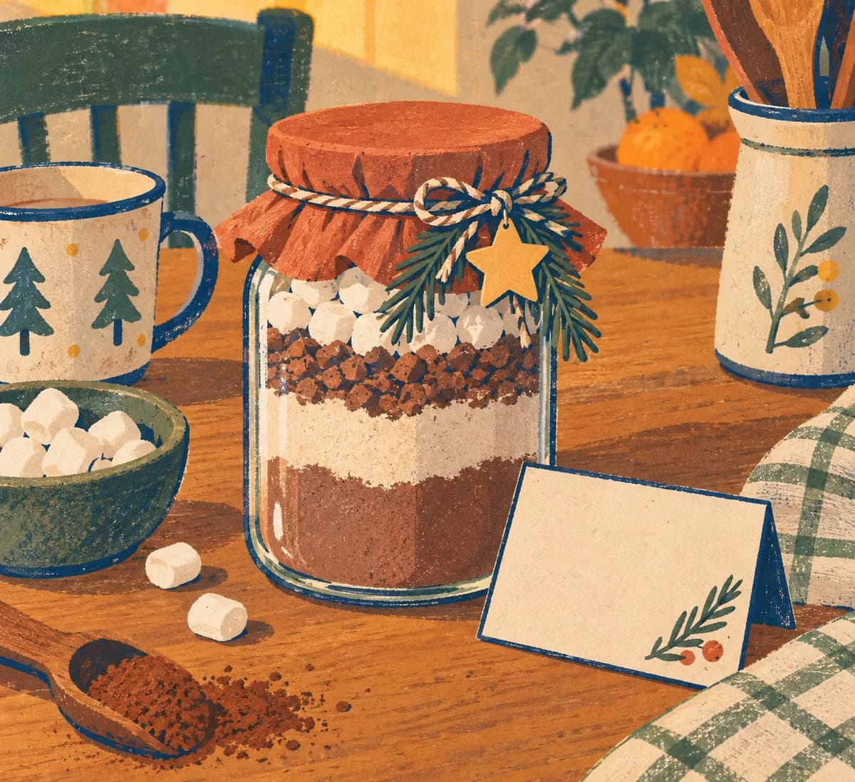 Bocal de chocolat chaud à offrir : Ton bocal de chocolat chaud à offrir laisse voir trois couches : du cacao brun, du sucre et du lait en poudre blanc. Une étiquette et une ca
