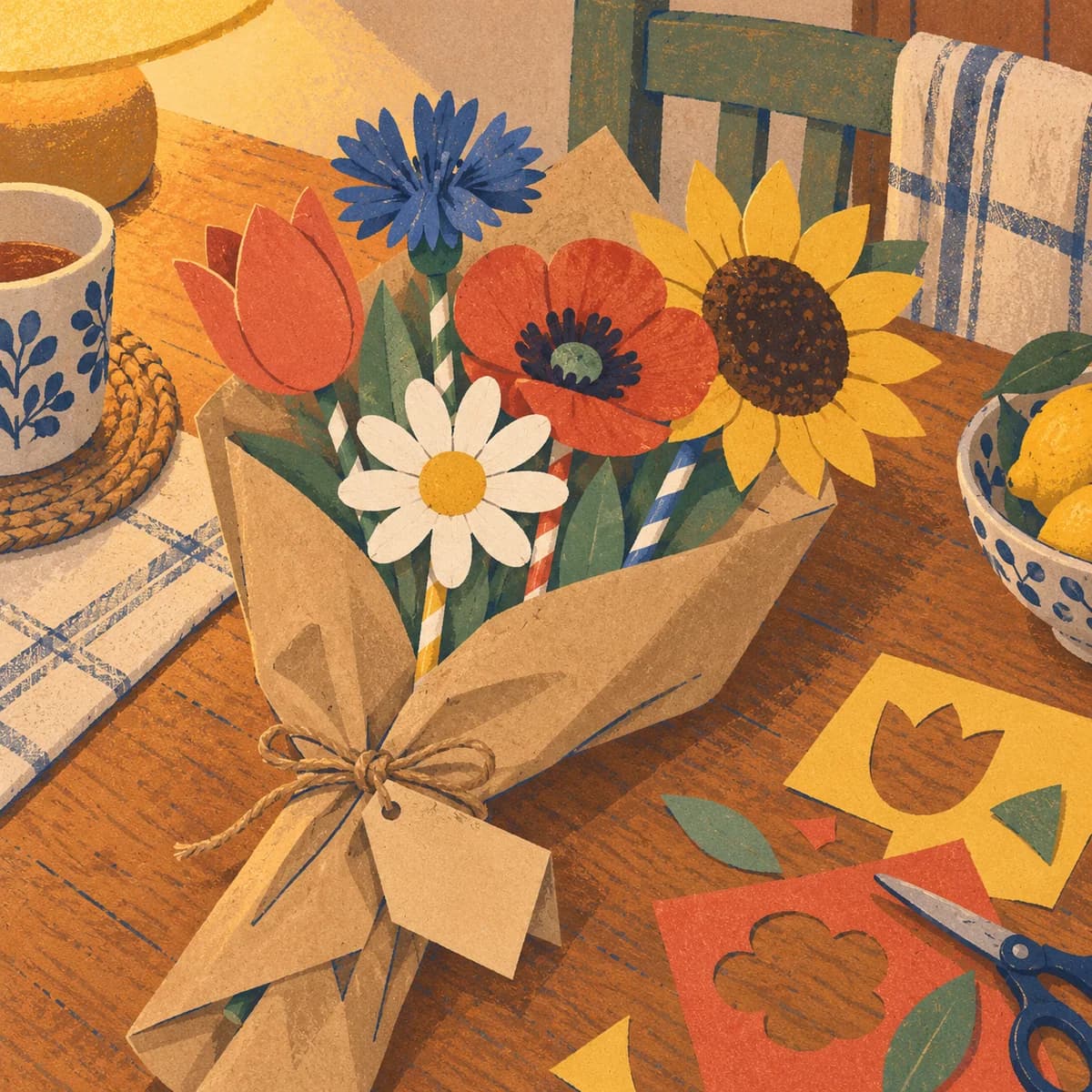 Bouquet de fleurs en papier : Une tulipe, une marguerite, un coquelicot, un bleuet et un tournesol composent un bouquet de cinq fleurs en papier. Leurs silhouettes simpli