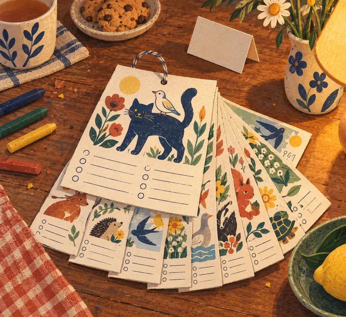 Calendrier perpétuel des anniversaires à fabriquer : « Le calendrier de la famille » rassemble douze feuilles de papier reliées en haut par deux boucles de ficelle. Chaque page porte le nom d'u