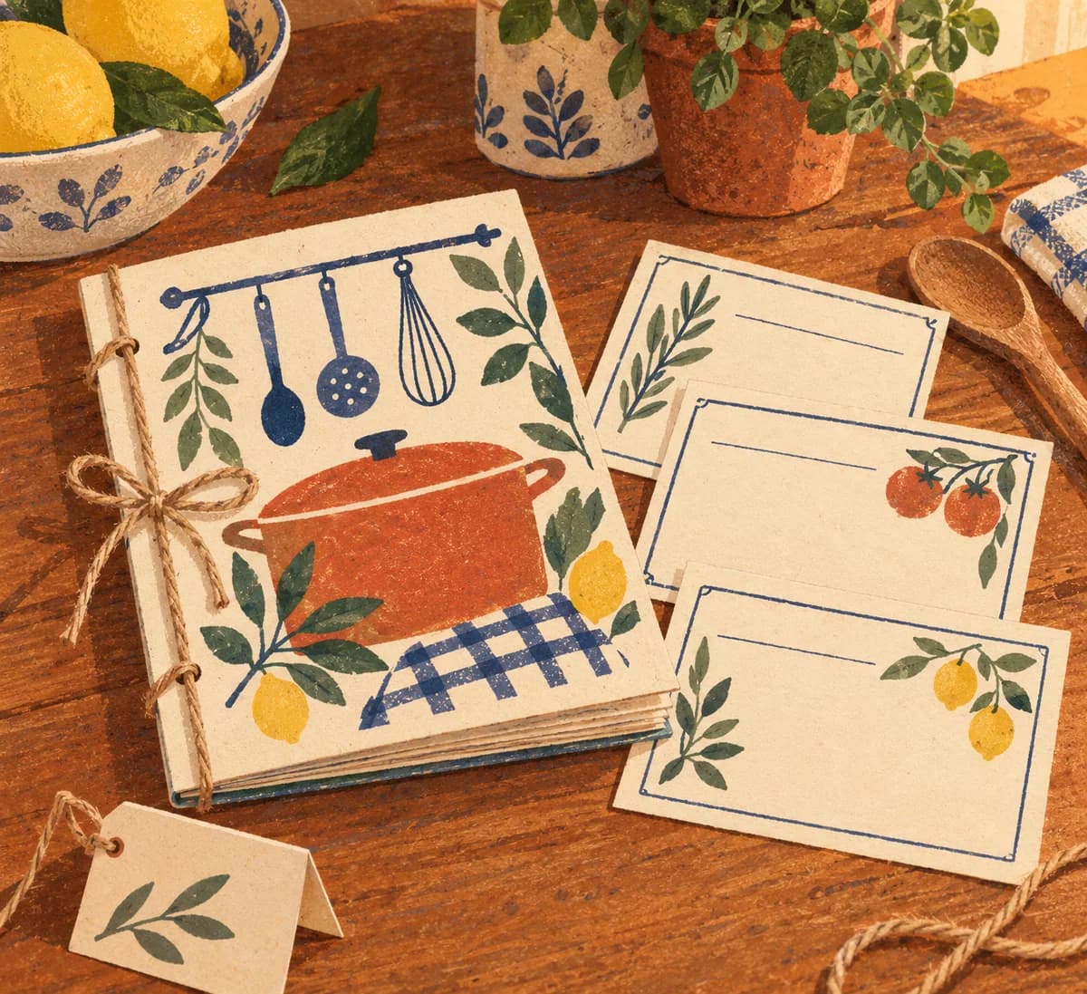 Carnet de recettes de famille à offrir : Le carnet mesure environ 15 × 21 cm : deux couvertures en papier épais entourent six fiches de recettes. Les rubriques sont imprimées ou écr
