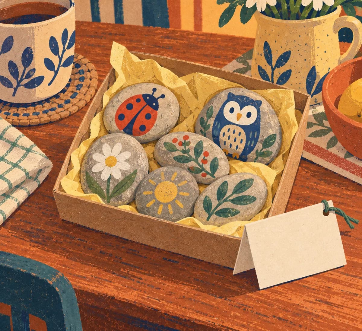 Galets peints à offrir : Le galet presse-papier est une pierre plate décorée d'une coccinelle, d'un hibou ou d'un mot court. Une partie de la pierre reste visible et
