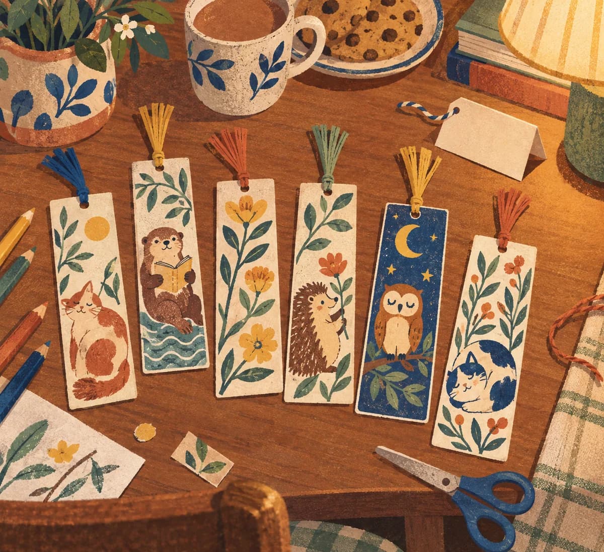 Marque-page personnalisé à fabriquer : Le marque-page de lecture est une bande de papier cartonné de 5 × 14 cm, décorée de motifs coloriés et d’un message manuscrit. Trois brins d
