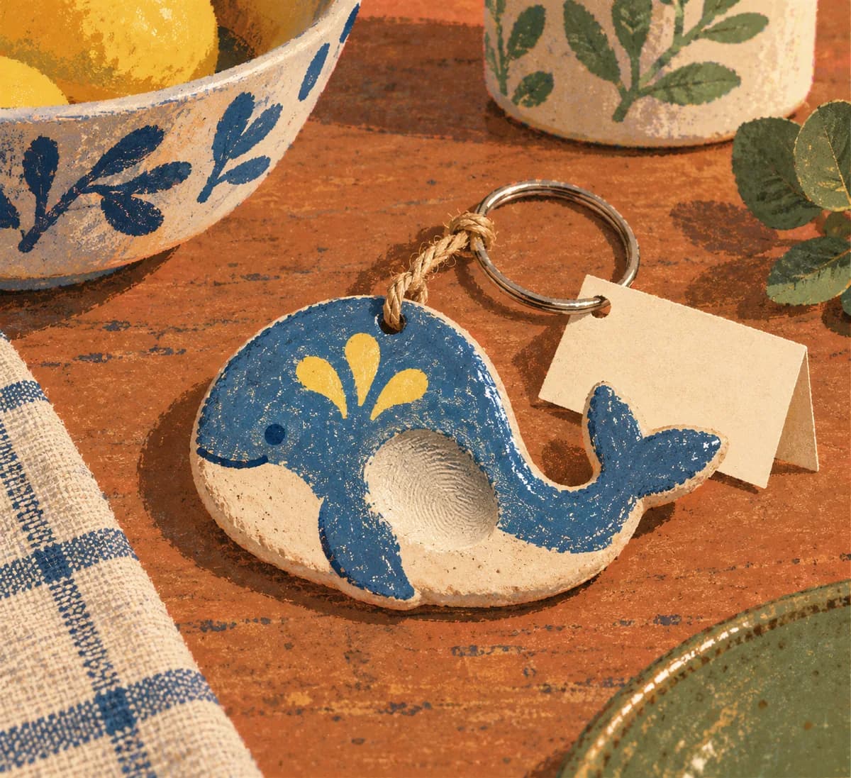 Porte-clés en pâte à sel : Un médaillon rond de couleur crème porte une empreinte de pouce et un anneau métallique. Une feuille pliée accompagne ce cadeau fragile avec