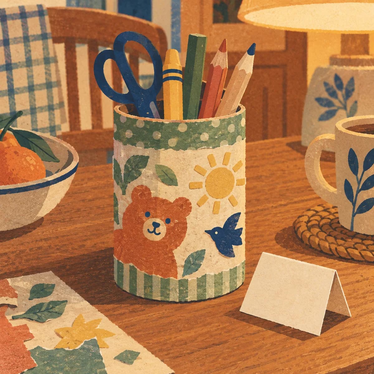 Pot à crayons décoré : Le pot cylindrique est entouré d’une bande de papier décorée de petits dessins et d’un message écrit à la main. Une carte dépasse du bord, p