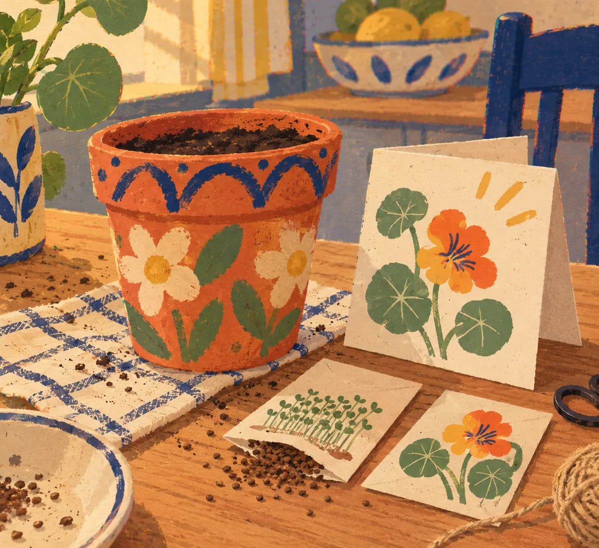 Pot de fleurs décoré et graines à offrir : Le pot en terre cuite porte des traits, des points ou un dessin que tu as peint, et repose sur sa soucoupe. Une bande de papier entoure la c