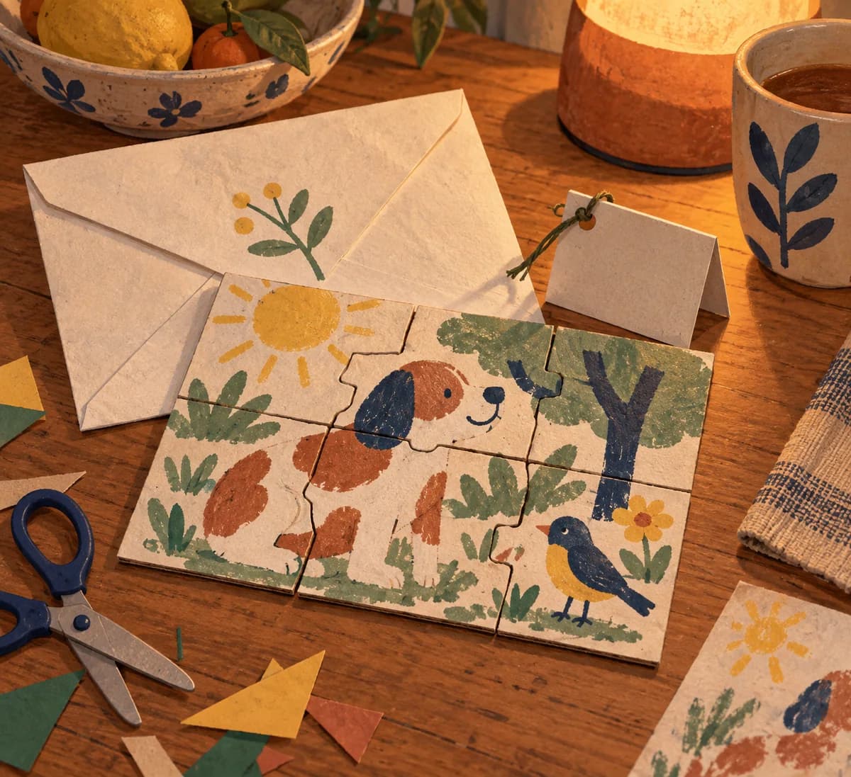 Puzzle à fabriquer à partir de son dessin : Six pièces de carton assemblées forment un dessin rectangulaire de 18 × 12 cm. Une enveloppe décorée les accompagne, avec le nom de la perso