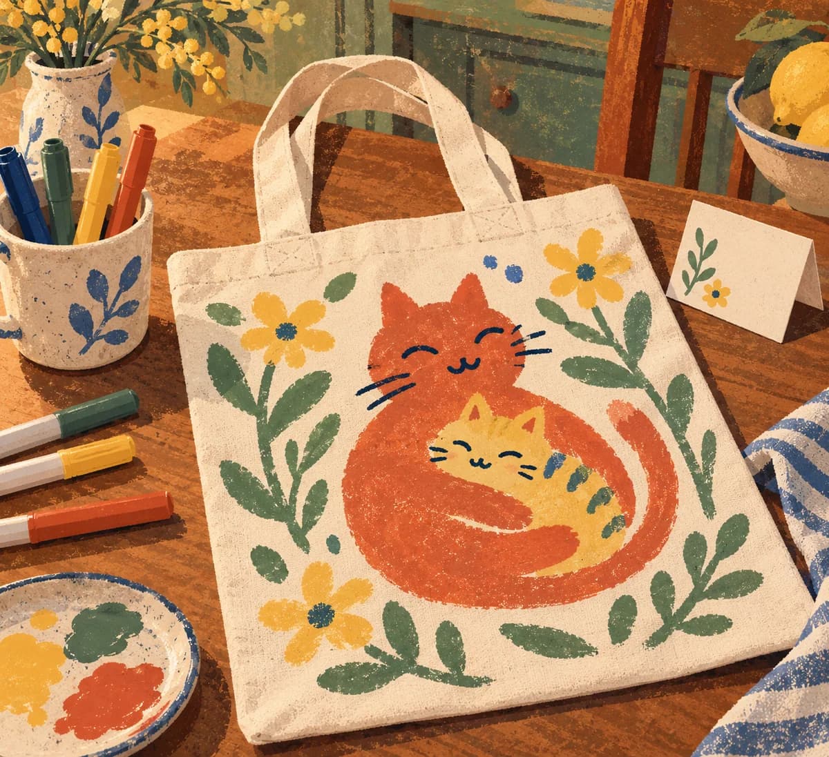 Sac en tissu dessiné pour la fête des mères : Un sac en coton clair porte un dessin aux feutres textiles, accompagné du prénom ou de l'initiale de l'enfant. Le décor reste au centre d'un