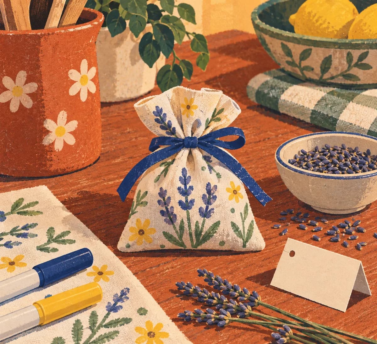 Sachet de lavande sans couture : Le sachet forme une petite bourse en tissu, resserrée par un ruban noué, avec quatre pointes qui dépassent. Les motifs dessinés près des coi