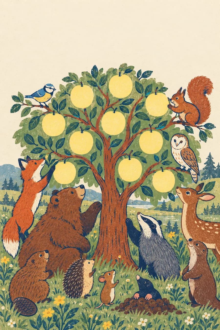 Une feuille A4 en orientation paysage présente un arbre sur sa moitié droite, avec le haut de l'arbre dirigé vers le haut de la feuille. La moitié gauche reste blanche pour former le dos de la carte. Dans les fruits, des espaces clairs d'environ 3 à 4 cm de large permettent d'écrire les prénoms des petits-enfants. Le titre « Notre arbre » apparaît au-dessus des branches. Aucun prénom ni aucune empreinte ne remplit les fruits.