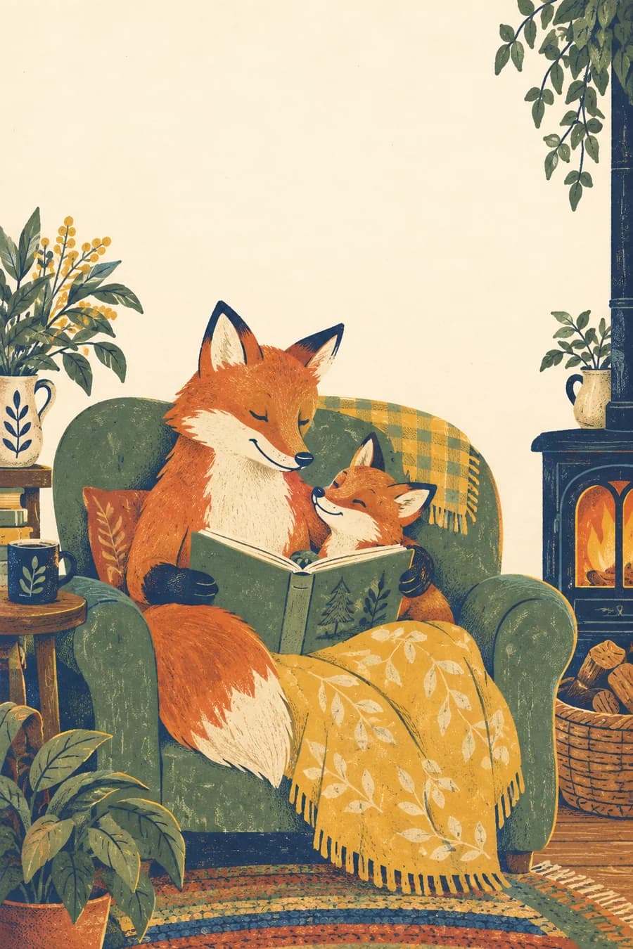 Un renard représentant le beau-père ou la belle-mère lit un livre à un jeune renard dans un grand fauteuil, avec un texte personnalisable indiquant « beau-papa », « belle-maman » ou un prénom.