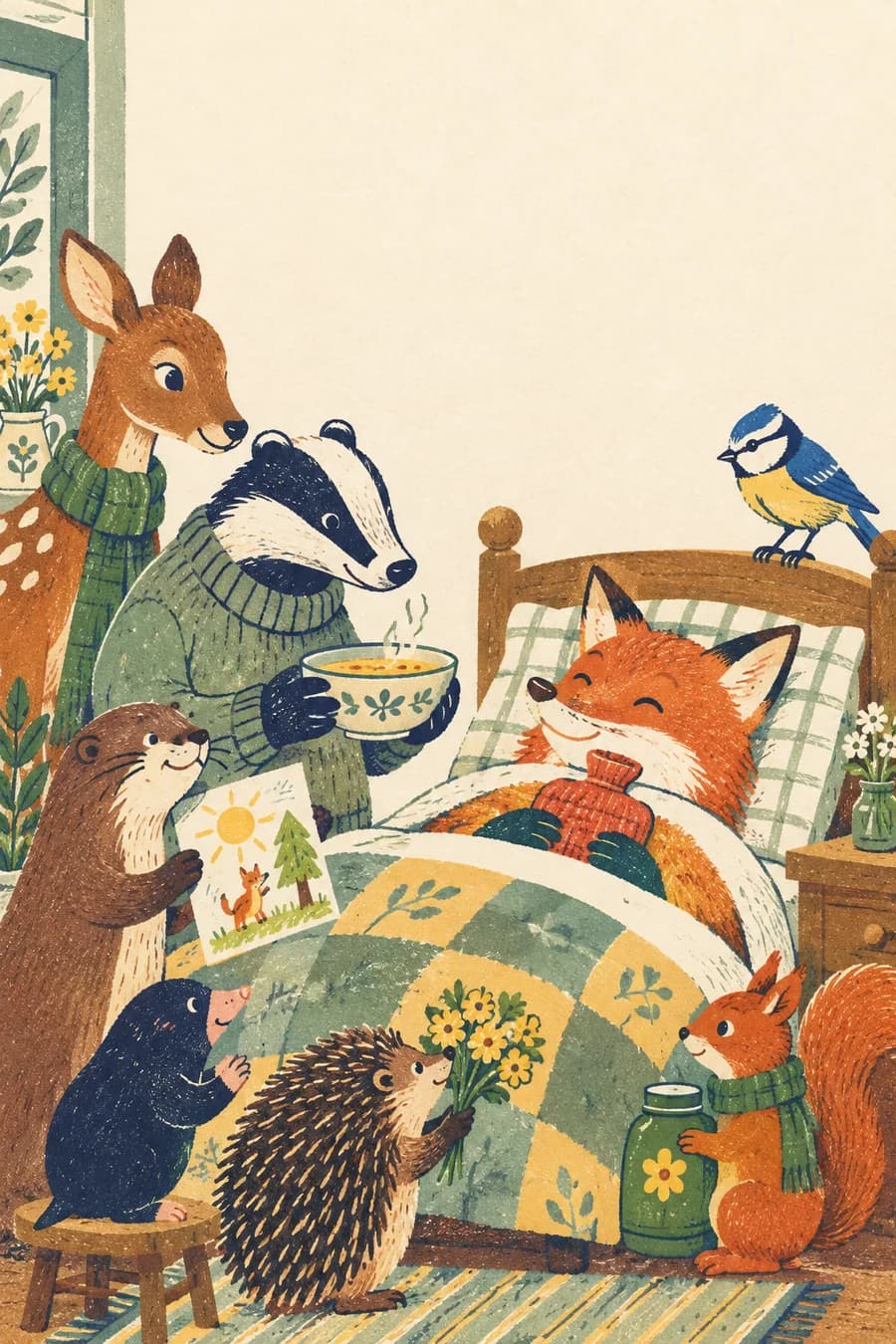 Un renard installé dans un lit douillet avec une bouillotte reçoit des amis qui lui apportent un bol de soupe et un dessin, dans une ambiance douce et joyeuse. Pour une couverture à imprimer, la scène occupe la moitié droite d'une feuille A4 en orientation paysage ; la moitié gauche reste blanche. Le haut de l'illustration est orienté vers le haut de la feuille.