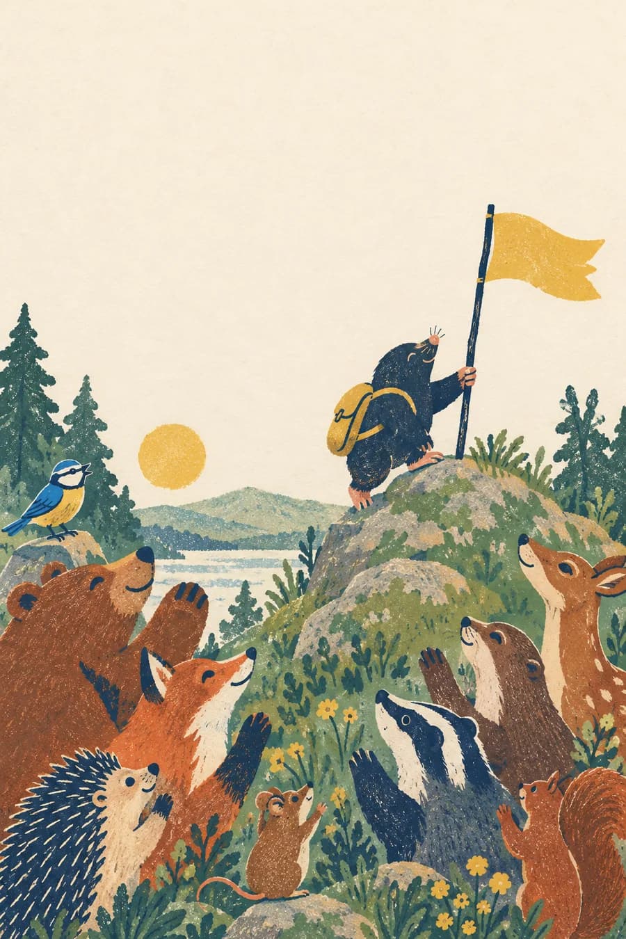 Une taupe gravit une petite colline en portant un drapeau, tandis que ses amis réunis près du chemin l’encouragent.
