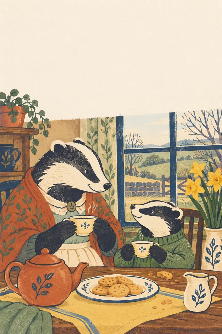 Une grand-mère blaireau et un enfant blaireau partagent du thé et des biscuits près d’une fenêtre. Dehors, les premières jonquilles évoquent un jardin au début du mois de mars. L’illustration occupe la moitié droite d’une feuille A4 en orientation paysage, afin de former la couverture après pliage. L’autre moitié reste blanche pour le dos de la carte ; le verso non imprimé accueille le message et les dessins.
