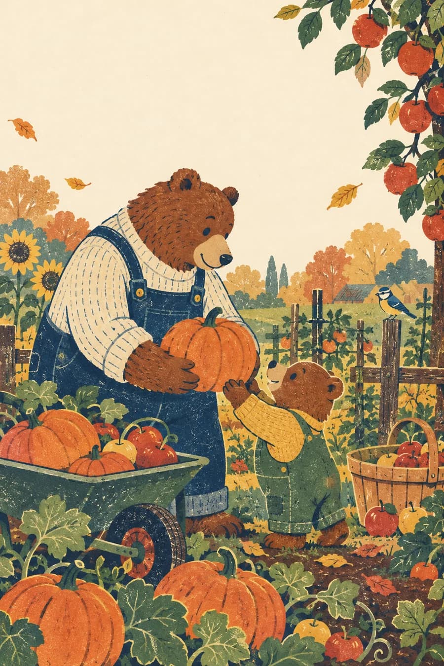 Un grand-père ours et un ourson récoltent des citrouilles dans un potager d’octobre et ramassent des pommes sous un pommier voisin. Quelques feuilles tombées au sol évoquent l’automne. Prévoir une version couleur et une version au trait à colorier. Sur la feuille A4 en orientation paysage, placer la scène et le titre « Le potager de papi » dans la moitié droite, à distance des bords et du pli central. La moitié gauche forme le dos de la carte ; le verso reste blanc pour le message et le dessin.