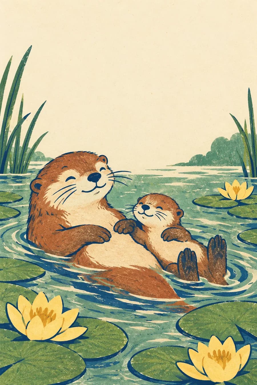 Gabarit de carte A4 en paysage, à imprimer sur une seule face. La moitié gauche reste blanche pour former le dos de la carte ; l’illustration occupe la moitié droite, sans dépasser les marges d’impression. Une maman loutre et son petit flottent sur le dos en se tenant la patte, parmi quelques grandes feuilles et fleurs de nénuphar. Dessin au trait noir sur fond blanc, sans aplats ni ombrages, avec de grandes formes fermées, des contours nets et peu de détails, adaptés au coloriage en maternelle.