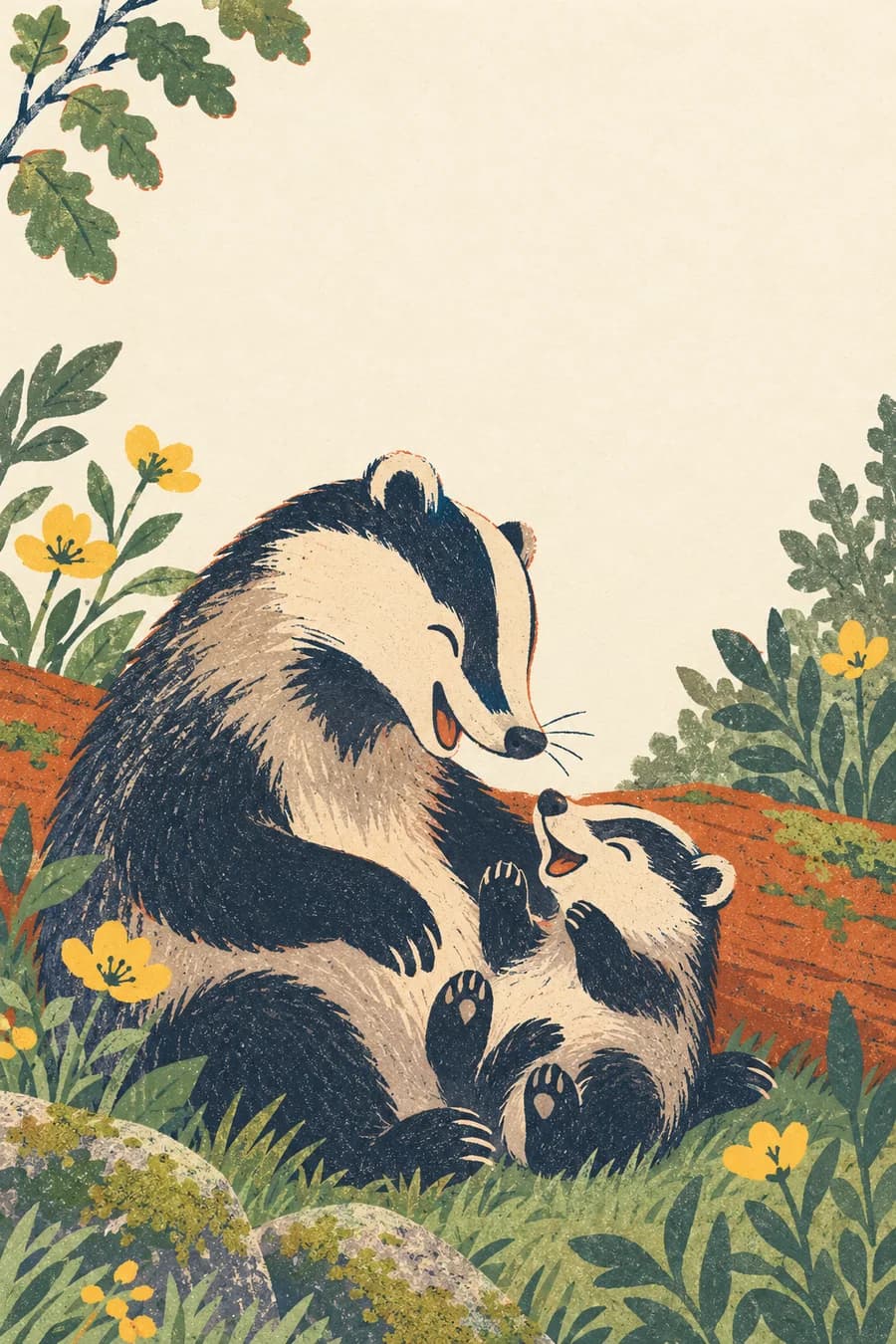 Une carte A4 pliée en deux, avec les mots « Maman, tu es… » sur la couverture. Une maman blaireau rit avec son petit : leurs visages portent des bandes noires, leurs yeux sont dessinés en arcs et leurs bouches sont ouvertes. À l'intérieur, une tache de couleur, une tête d'animal et une assiette accompagnent les trois phrases du portrait chinois à compléter. La page de droite est réservée au message et à la signature.
