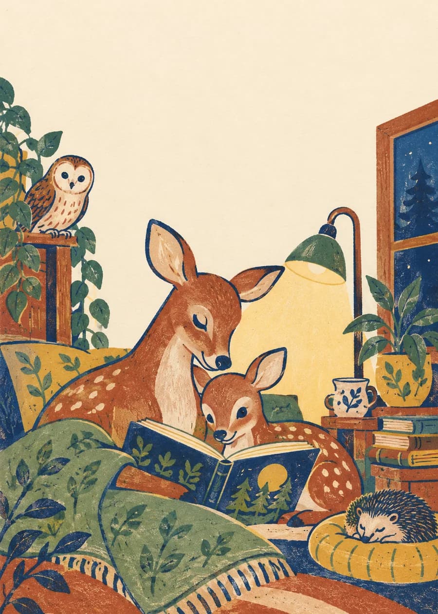 Une biche et son faon lisent ensemble un livre sous une lampe sur la couverture ; à l'intérieur, un court poème original pour la maternelle laisse une place au dessin de l'enfant.
