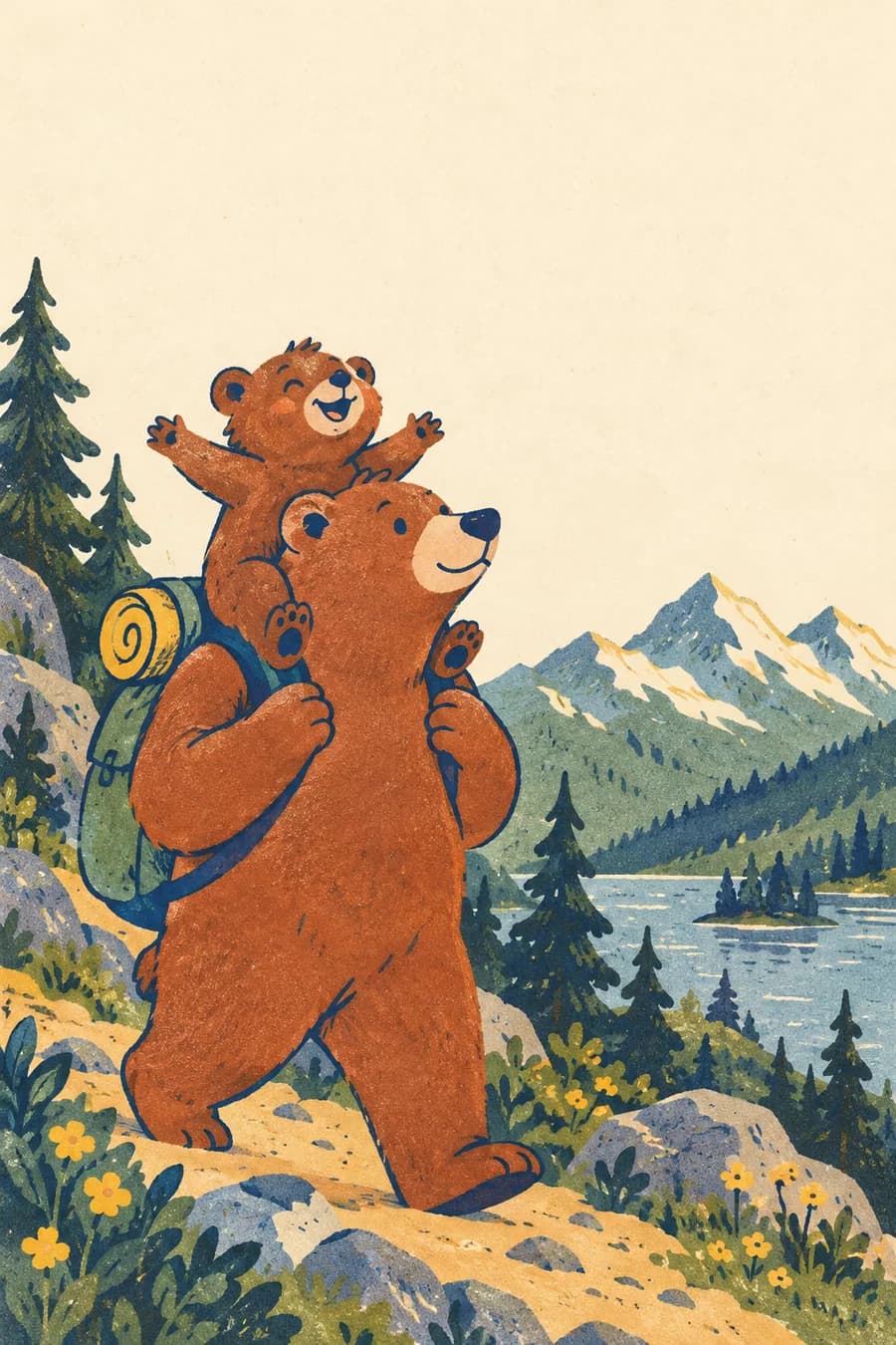Dessin au trait d’un papa ours portant son ourson sur les épaules pendant une randonnée, avec des formes simples et de grandes surfaces faciles à colorier pour les jeunes enfants.