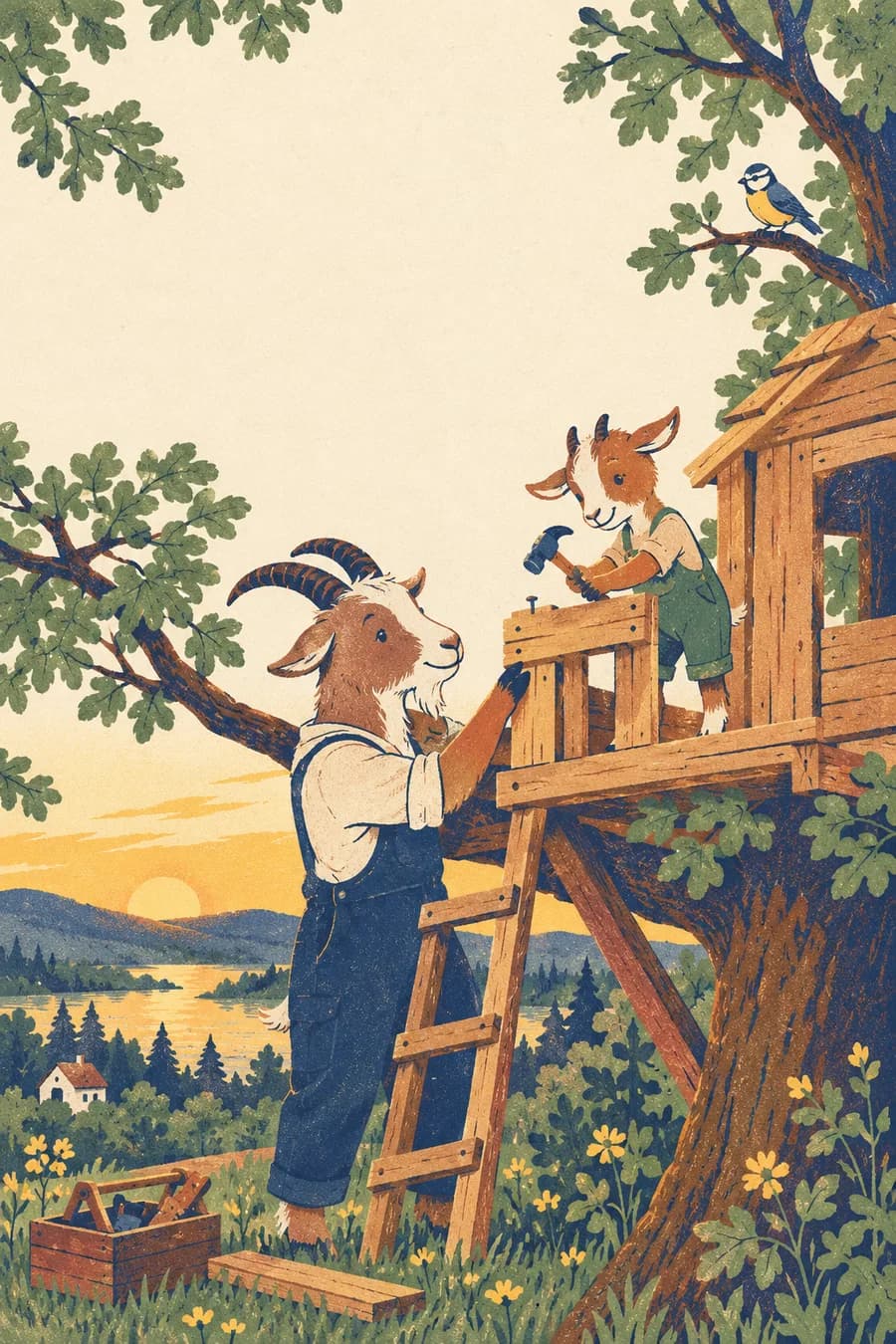 Un papa chèvre et son petit construisent ensemble une cabane en bois dans un arbre, dans la lumière chaude d'un soir d'été. Le petit reste sur une plateforme basse et stable, protégée par un garde-corps, et tient un plan en papier. Le papa ajuste une planche. Aucun outil coupant ni clou n'est confié au petit.