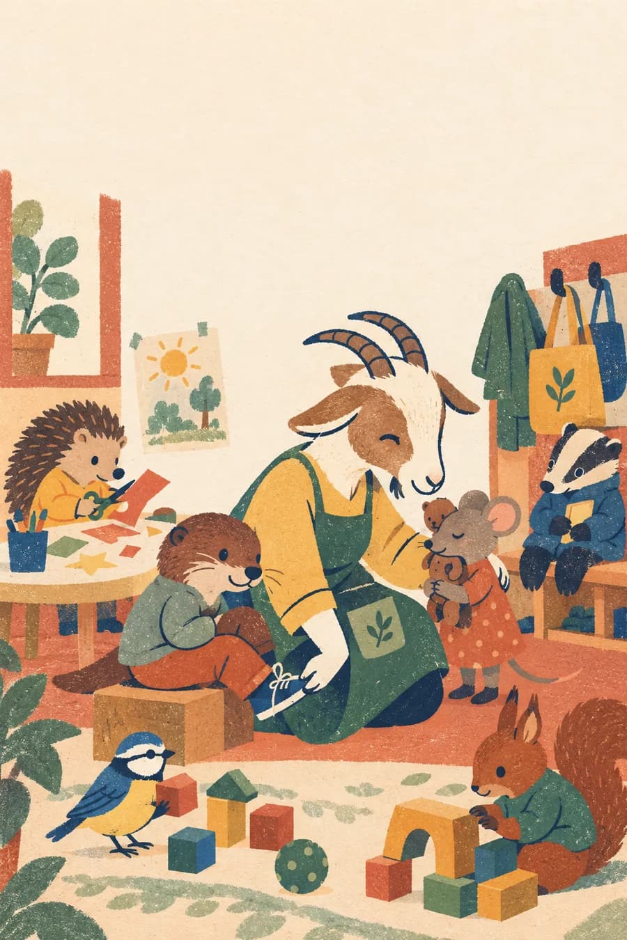 Couverture intitulée « Merci pour les lacets ». Une chèvre bienveillante représente l’ATSEM dans trois vignettes distinctes : elle noue les lacets d’un enfant assis, découpe du papier à une table avec un enfant et réconforte un petit enfant à sa hauteur. Les scènes montrent des gestes simples d’aide quotidienne. Prévoir une version en couleur et une version au trait à colorier. Sur la feuille A4 en orientation paysage, placer la couverture sur la moitié droite et laisser la moitié gauche sobre pour le dos de la carte. Garder une marge sans élément essentiel près des bords et du pli central.