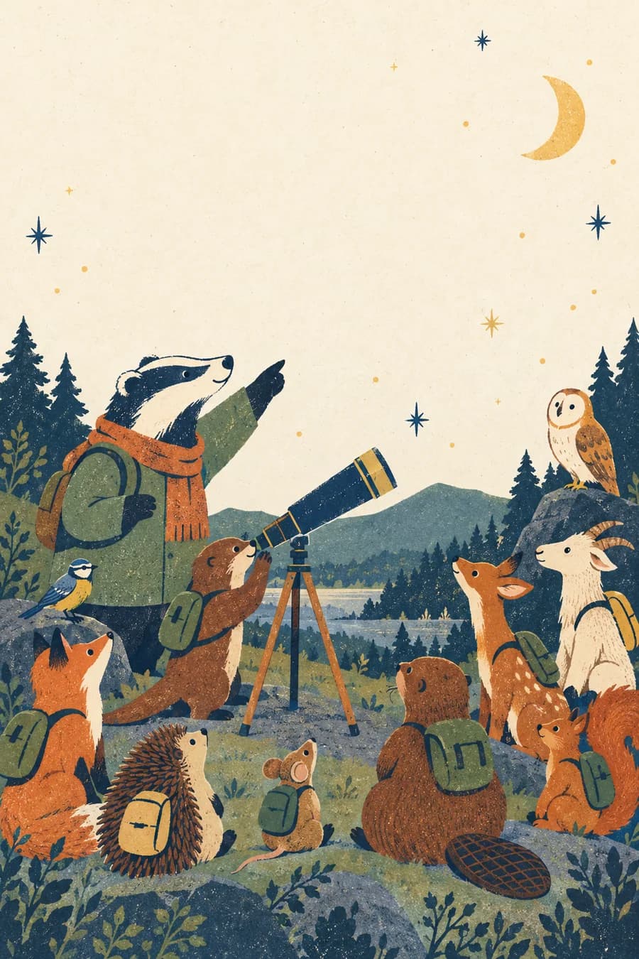Un maître blaireau montre le ciel nocturne à ses élèves à l'aide d'un télescope pendant une sortie scolaire.