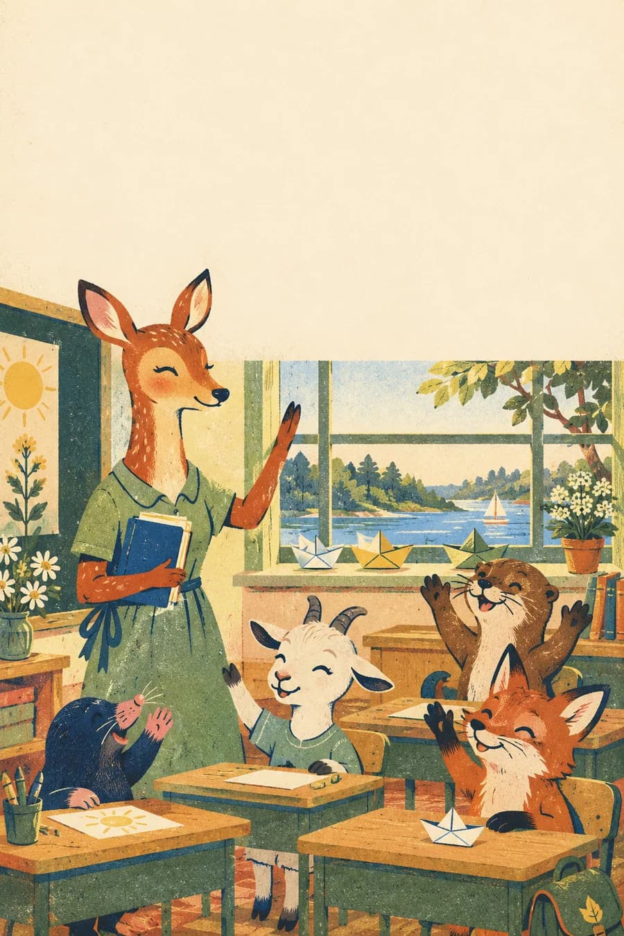 Modèle de carte sur une feuille A4 en orientation paysage, à plier en deux au format A5. Sur la moitié droite, qui forme la couverture, une maîtresse biche et ses élèves, une taupe, une chèvre, une loutre et un renard, font un signe de la main dans leur classe à la fin du mois de juin. Des bateaux en papier sont posés sur le rebord de la fenêtre. Le texte « Merci pour cette année » figure sur la couverture. La moitié gauche forme le dos de la carte et reste sobre. Prévoir une version couleur et une version à colorier aux contours nets, avec des surfaces assez grandes pour les plus jeunes. Aucun élément important ne touche le bord de la feuille ni le pli central.