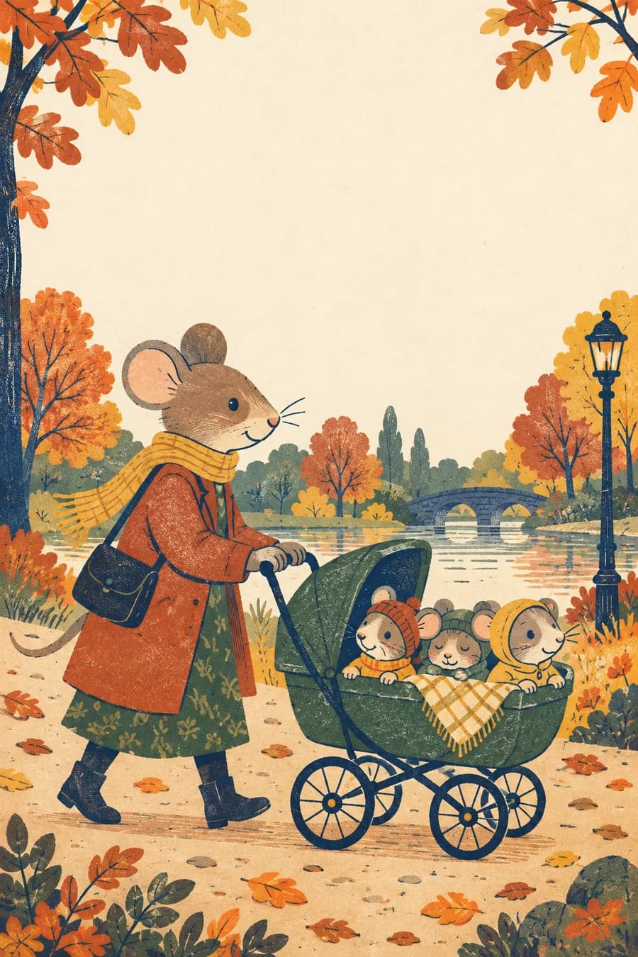 Une souris nounou pousse une poussette accueillant trois petits dans un parc d’automne, entre des arbres et des feuilles tombées au sol. Pour le gabarit A4 paysage, placez toute la scène sur la moitié droite, avec le haut du dessin vers le haut de la page. Laissez la moitié gauche vierge et prévoyez une marge de 1 cm autour de la scène. Déclinez la même illustration en couleur et en contours à colorier.