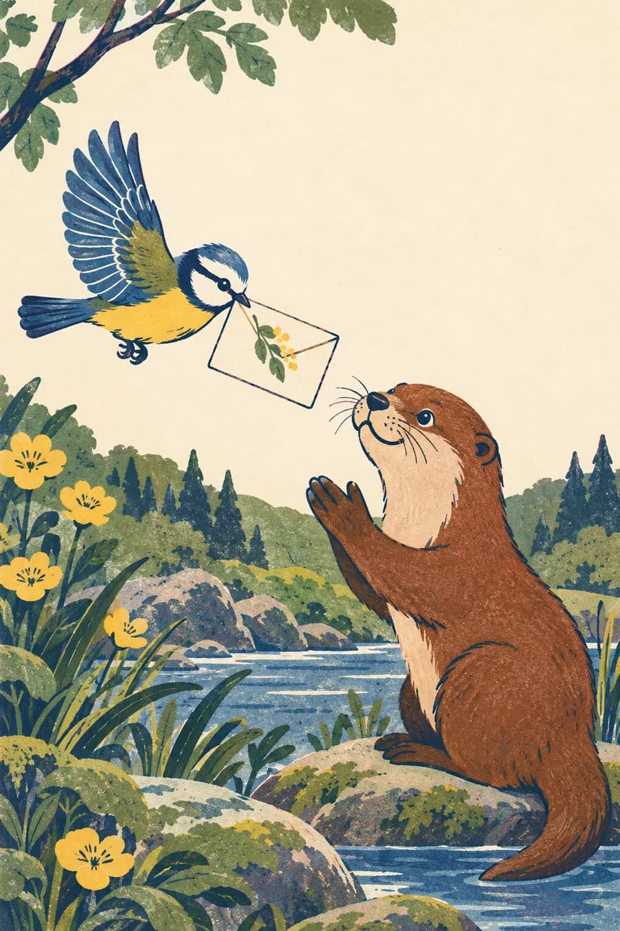 Ruban, la mésange bleue, apporte une enveloppe de remerciement sur la couverture de la carte. À l’intérieur, les amorces « Merci pour… » et « J’ai adoré… » sont suivies d’un espace pour écrire ; une zone reste libre pour le prénom et un dessin.