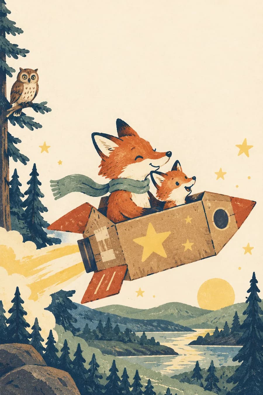 Couverture de la carte « Mon papa, ce héros » : un papa renard et son petit sont installés dans un vaisseau spatial dont on reconnaît la boîte en carton, avec ses rabats et un hublot dessiné. À l'intérieur, la phrase « Avec toi, je pars à l'aventure » accompagne un grand cadre destiné au dessin de l'enfant et un espace pour son court message.