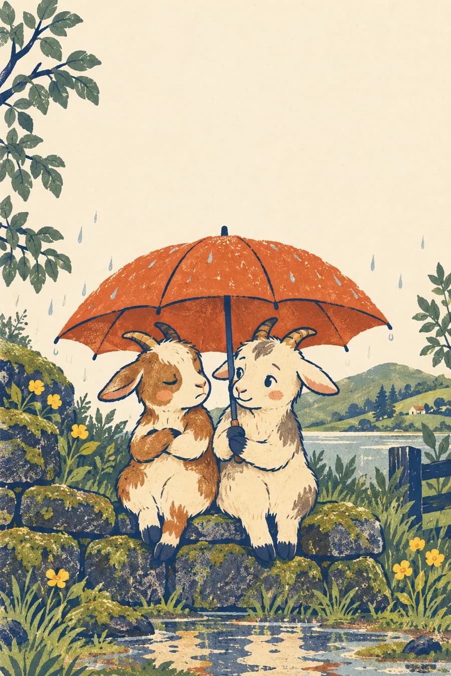 Sur la couverture d’une carte pliée, deux petits chevreaux aux oreilles et aux cornes visibles partagent un grand parapluie après une dispute. À l’intérieur figurent les phrases « Je te demande pardon pour… », « Je voudrais comprendre ce que tu as ressenti. » et « Pour réparer, je te propose… », avec de la place pour écrire.