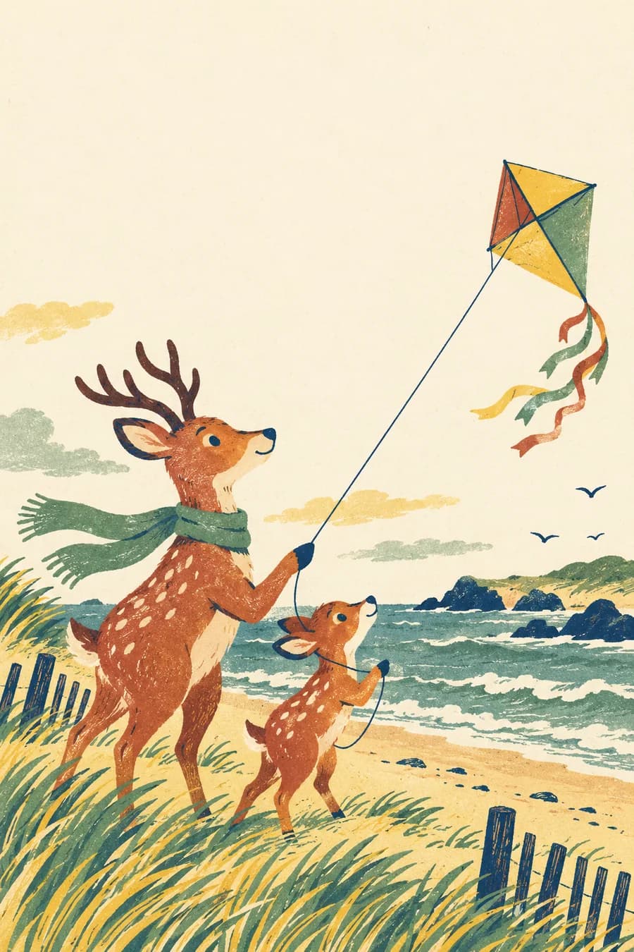 Un cerf adulte représentant le parrain ou la marraine et un enfant font voler ensemble un cerf-volant sur une plage balayée par le vent.