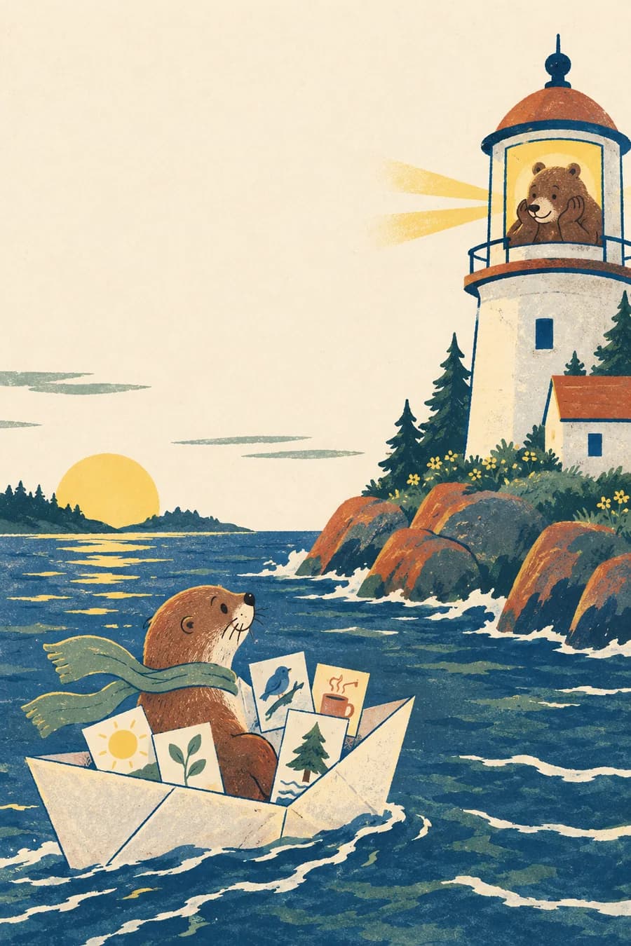 Sur la couverture, un bateau en papier dessiné navigue de gauche à droite vers un phare. Sa fenêtre, près du sommet, est colorée en jaune et entourée de quelques traits lumineux. L’inscription « Je pense à toi » occupe le haut de la couverture. À l’intérieur, trois espaces accueillent des souvenirs écrits ou dessinés sous les amorces « Cette semaine, j’ai… », « J’ai découvert… » et « J’aimerais te raconter… ».