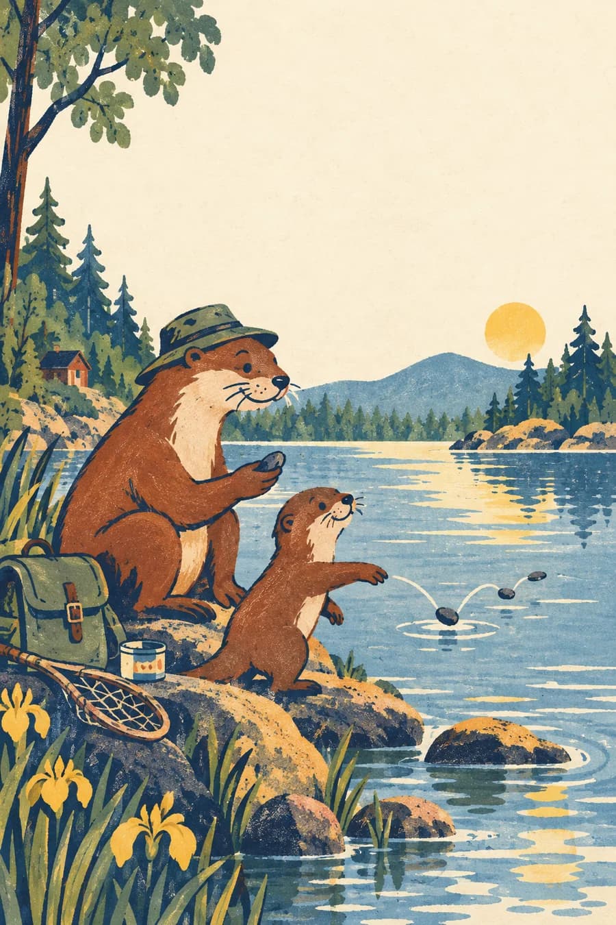 Carte A4 recto verso à plier au format A5, en version couleur et en version à colorier. Sur la couverture, une loutre grand-père montre à une petite loutre comment faire des ricochets depuis la rive d'un lac. À l'intérieur, de petites scènes d'échecs, de jardinage et de vélo laissent un grand espace libre pour un dessin et un message. Les deux faces sont orientées pour être à l'endroit après le pliage.
