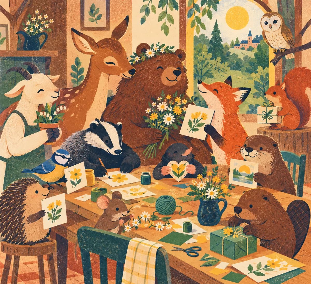 Fête des mères 2027 : date et idées à fabriquer avec les enfants : Une carte pliée, un bon illustré ou un petit livret rassemble des dessins et des mots personnels sur du papier. La couverture porte le préno