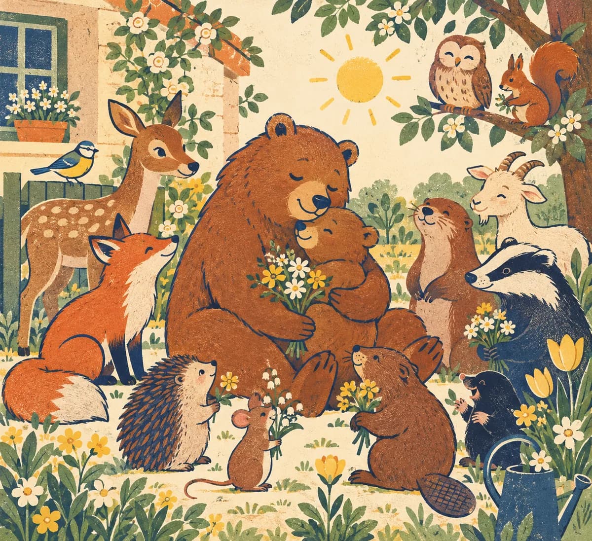 Poème fête des mères pour la maternelle : Une feuille blanche de 21 × 29,7 cm porte un grand soleil dessiné aux crayons de couleur, le poème « Ma maman, mon soleil » et le prénom de