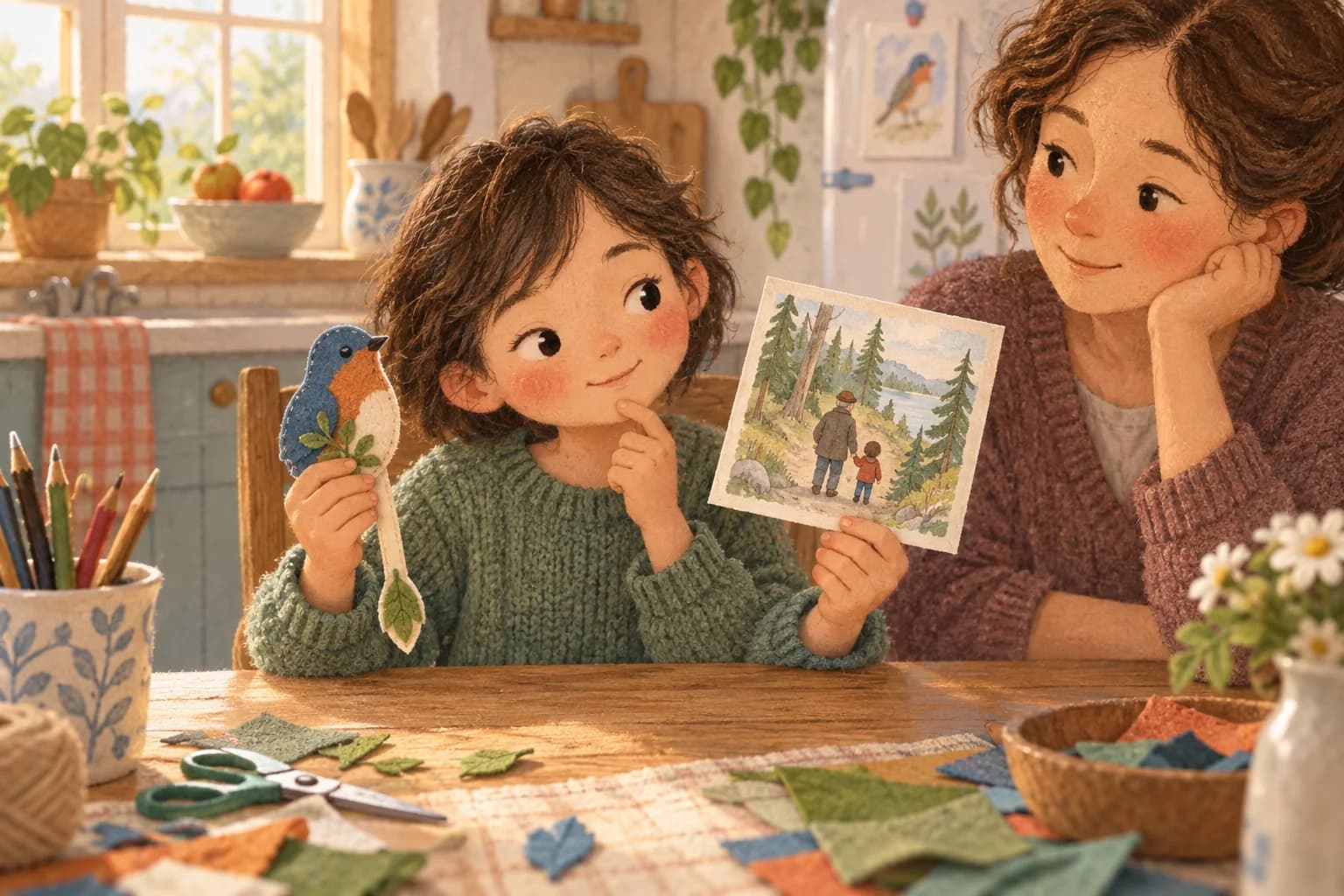 Un enfant choisit une attention faite main pour son grand-père, accompagné par un adulte.
