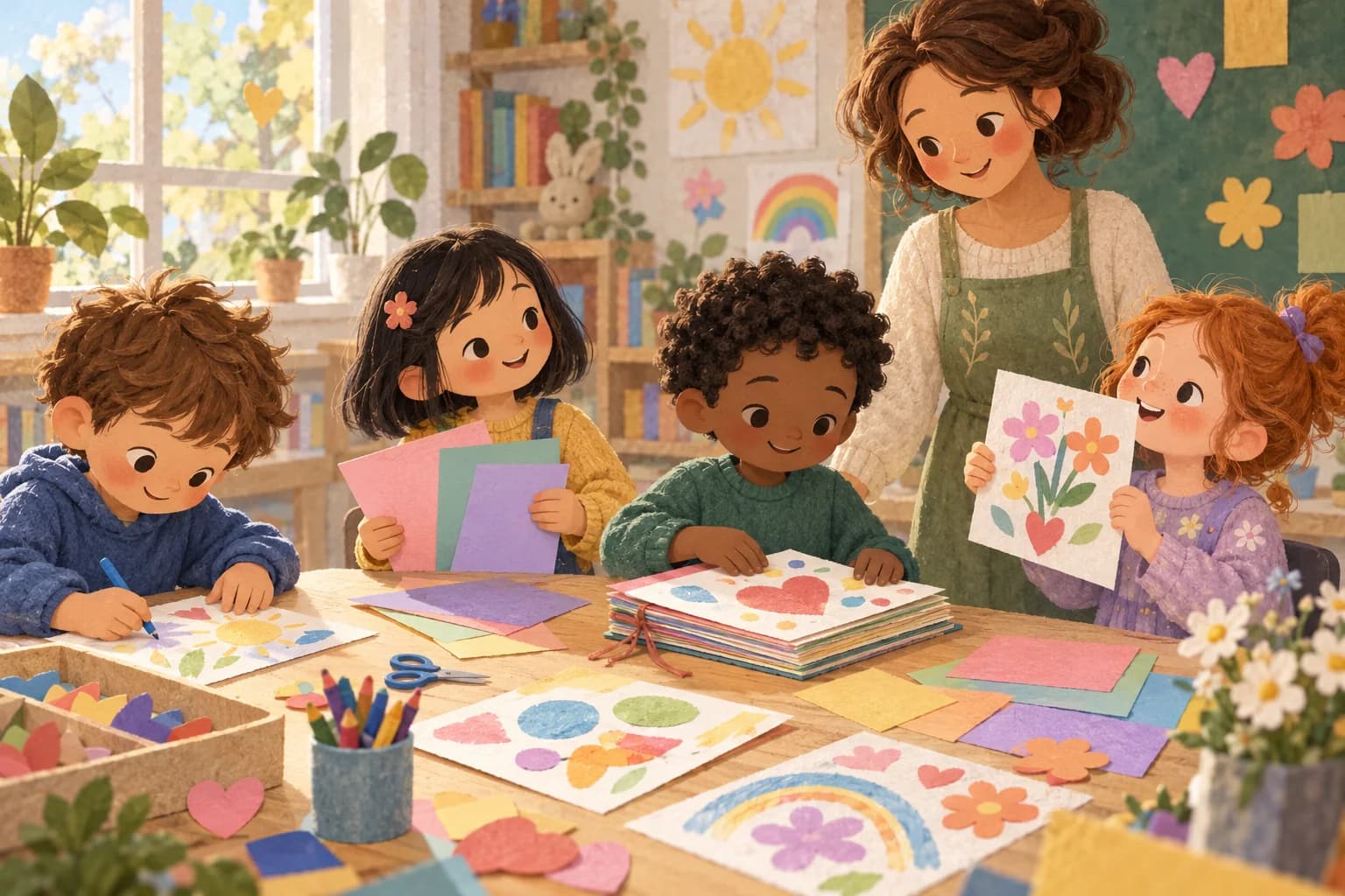 Des enfants réunissent leurs dessins dans un carnet pour remercier leur maîtresse.