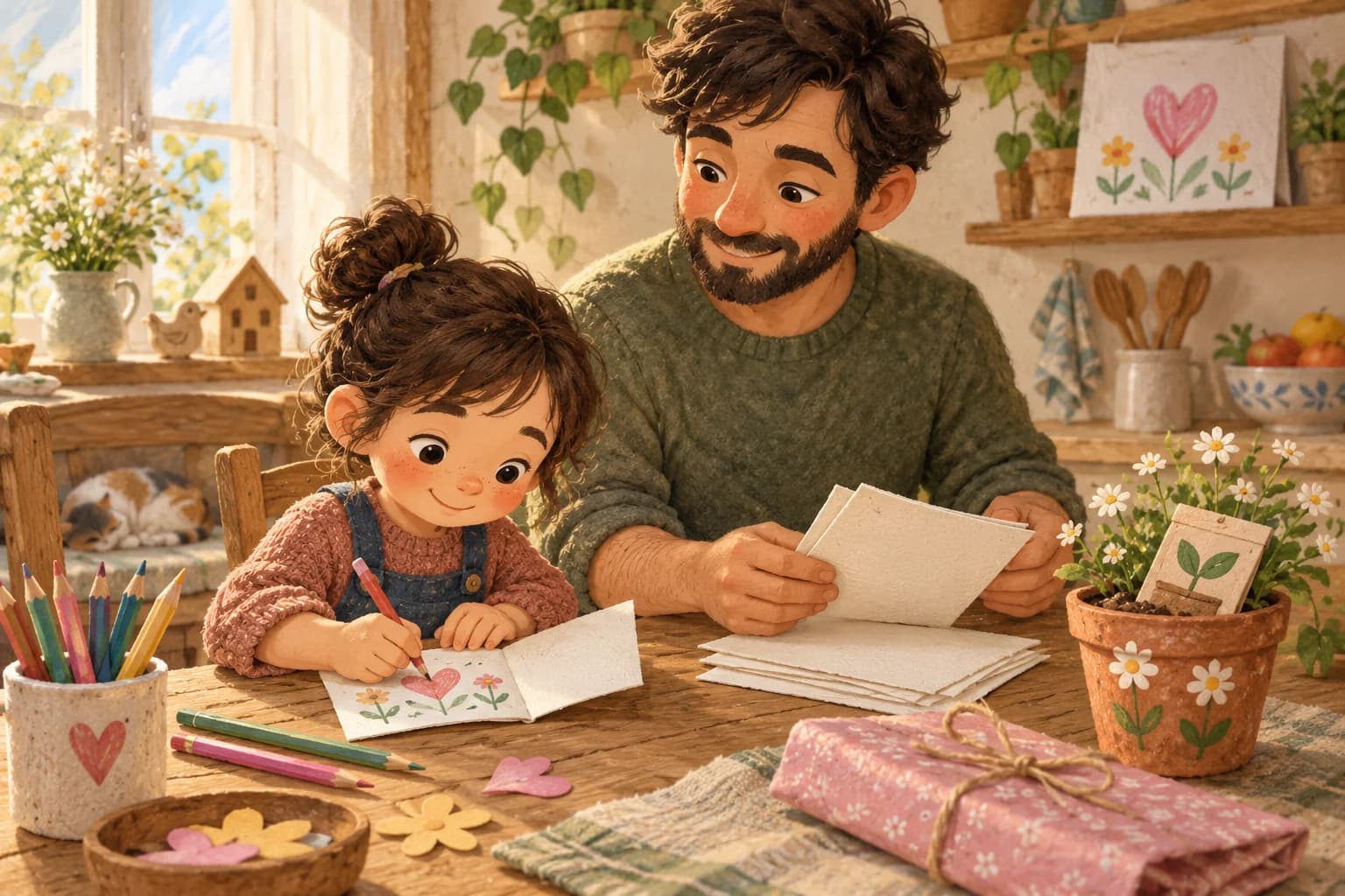 Un enfant et son papa préparent un carnet dessiné pour maman, près d’un pot de fleurs décoré.
