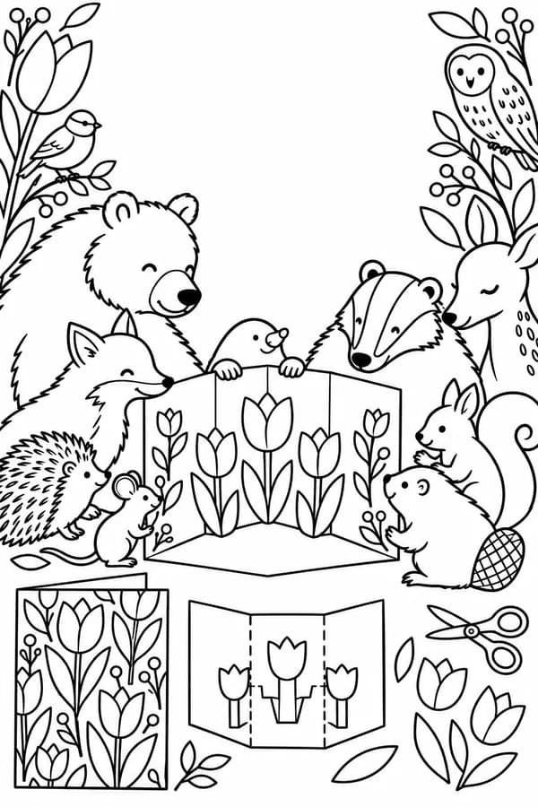 Version à colorier : Carte pop-up fleurs pour la fête des mères